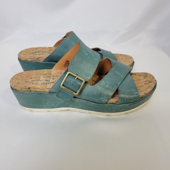 Kork-Ease Womens Callie Sandals Slides Wedge Heel Tan Teal Blue Leather Size 10M - Picture 2 of 9